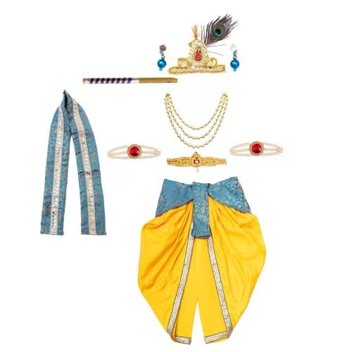 Image of ITSMYCOSTUME Krishna Dress for Baby Boy Kids Set of 10(Dhoti,Patka,Hip Cover,Mukut,Morpankh,Bansuri,Kamarband,Bajuband,Kundal) Little Krishna Ji Kanha Janmasthmi Costume for Kids