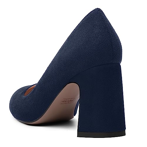 ROSERWISH Womens Slip On Dress Dating Suede Stylish Round Toe Block High Heel Pumps Shoes 3.3 Inch 7