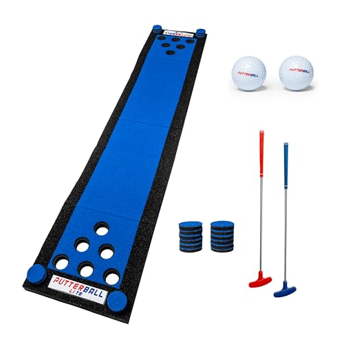 PutterBall Original Golf Putting Game Set Backyard Putting Green Pong Style Golf Mat with 2 Putters 2 Balls & Hole Covers - Blue 9ft