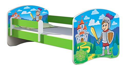 ACMA Kinderbett Jugendbett mit Einer Schublade und Matratze Grün mit Rausfallschutz Lattenrost II 140x70 160x80 180x80 (32 Ritter, 160x80)