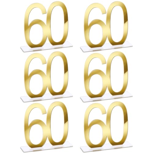 Image of Threehoney 6 Pcs Mirror Gold 60th Birthday Decorations for Men and Women Acrylic Anniversary Decorations Table Numbers Centerpieces for Birthday Party