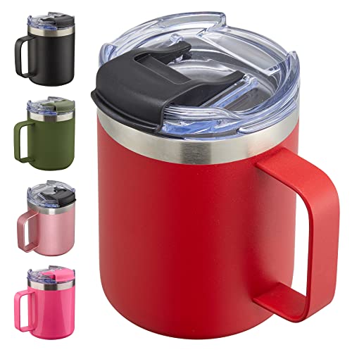ALOUFEA 12oz Insulated Coffee Mug Cup with Handle, Stainless Steel Travel Coffee Mug with Flip Lid, Double Wall Vacuum Coffee Tumbler, Red