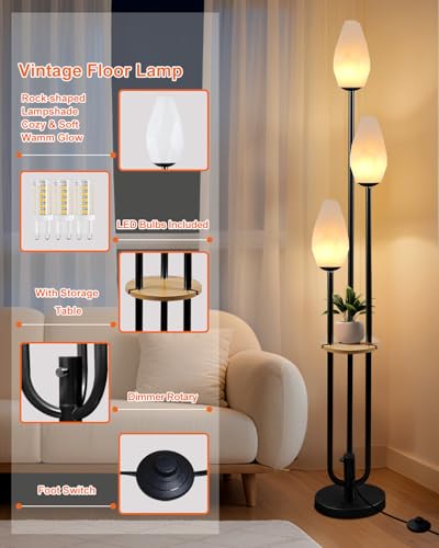 Image of Black Floor Lamp with Tray, 3-Lights Dimmable Floor Lamps with Rock-Shaped Shade, Unique Candle Holder Style Modern Tall Standing Lamp for Living Room /Party(Bulbs Included)