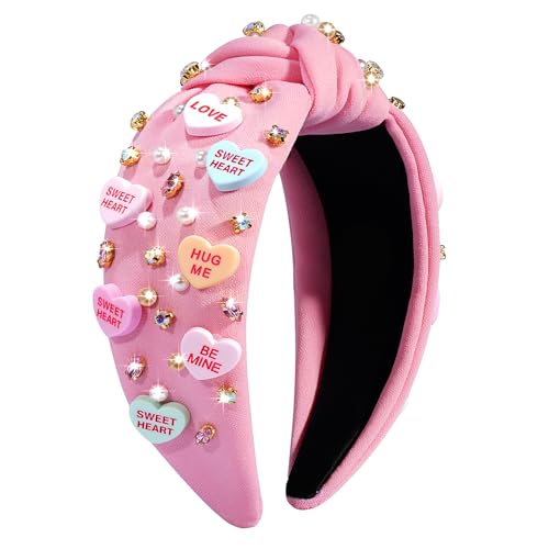 AENMTU Valentine’s Day Headband for Women Girls Top Knot Jeweled Rhinestone Velvet Plush Hair Accessories Pink Red Heart Clothes Outfit