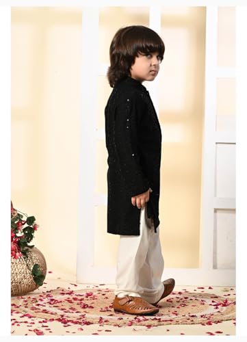 Image of Kids Traditional Black Sequined Kurta with Mandarin Collar, Cotton Blend, Ethnic Formal Wear