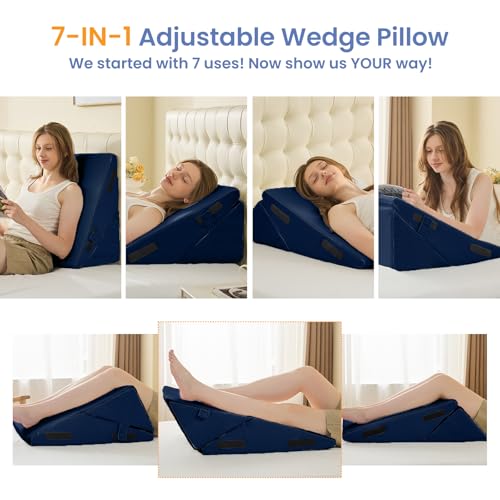 Sasttie Wedge Pillow for After Surgery, Adjustable Bed Wedge Pillow Headboard for Acid Reflux, Sleeping, Neck & Back Support, with Removable Cover, Navy