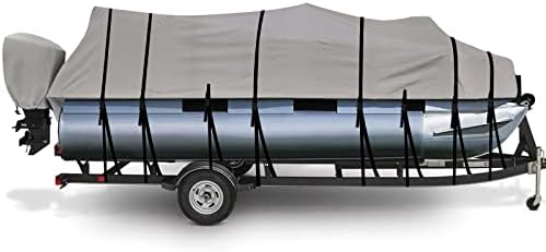 Tuszom 100% Waterproof Pontoon Boat Cover 800D Marine Grade Polyester Pontoon Cover with Windproof Adjustable 16 Tire-Down Straps (Length:17'-20' Beam Width: up to 102", Gray)