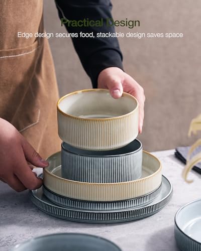 Image of Famiware Star 12-Piece Stoneware Dinnerware Sets for 4, Reactive Glaze Plates and Bowls, Modern Rustic Dishes for Everyday & Formal Use, Chip /Scratch Resistant, Microwave /Dishwasher Safe, White & Blue