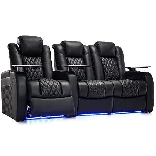 Weilianda Home Theater Seating Top Grain Leather Zero Gravity Recliner Chair Power Headrest Recline Movie Seat Gaming 7 Colors Mood Light Sofa with Tray Table USB Charge Row of 3 Loveseat Right Black