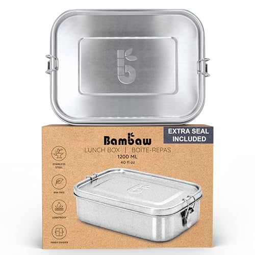 Bambaw Stainless Steel Lunch Box 40 oz, Metal Lunch Box with Adjustable Compartment, Leakproof Stainless Steel Bento, Food Grade Metal Sandwich Container