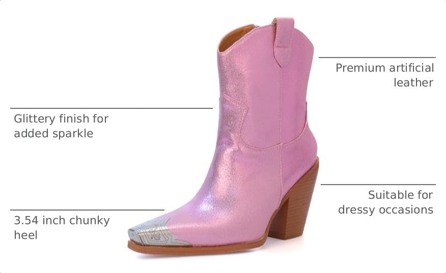 Image of Cowboy Ankle Boots for Women Engraved Steel Toe Cowgirl Boots Stacked Block Heels Short Cowboy Boot Fashion Dressy Western Country Booties