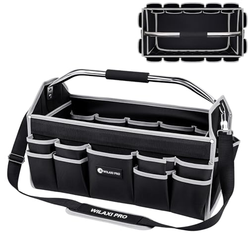 WILAXI PRO 22in Tool Bags For Men Heavy Duty, 33 PCS Pockets Tool Bag Organizer Foldable Open Top Tool Bag With Handle, Wide Mouth Electrician Tool Tote, Grey