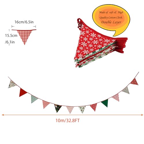 Image of Zwiebeco 32Ft Christmas Pennant Fabric Triangle Flags Garland Red Green White Cotton Bunting Banner for Merry Xmas Party Birthday Wedding New Year Fireplace Home Garden Outdoor Decorations