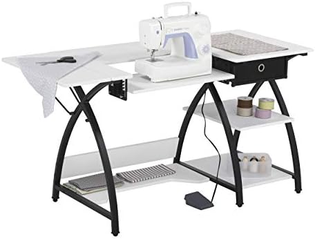 Sew Ready Comet Hobby Center - 56.75" W x 23.5" D White Hobby and Sewing Machine Table with Storage Shelves and Cloth Drawer - Can Also Be Used as Computer Desk