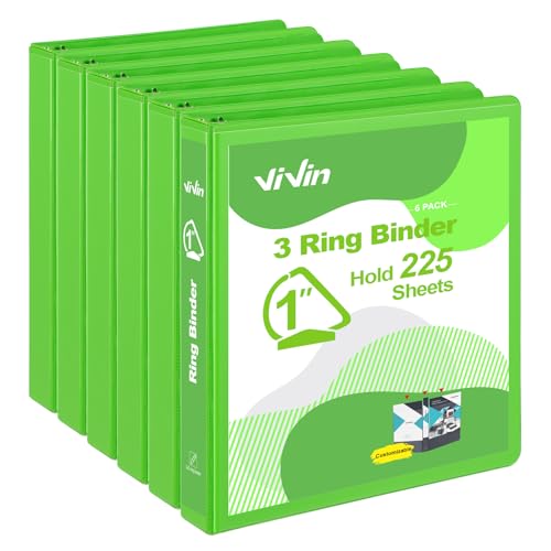 ViVin Sturdy 1 Inch D Ring Binders 3 Ring Binders with 2 Pockets Hold 225 Sheets of US Letter Size Paper for Office Home School 6 Pack (Ivy Green)