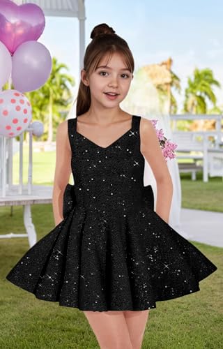 V Neck Sequin Homecoming Dresses for Teens Sparkle Cocktail Party Dress with Bow for Girls2