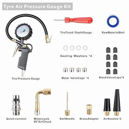 Image of Tire Inflator with Pressure Gauge (0-220 PSI) Heavy Duty Air Chuck and with with Rubber Hose Compressor Accessories and Quick Connect Coupler Applications Car RV Truck Motorcycle Bicycle