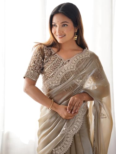 Image of Satrani Women's Tissue Silk Sequin Embroidery Scalloped Border Saree with Unstitched Blouse Piece