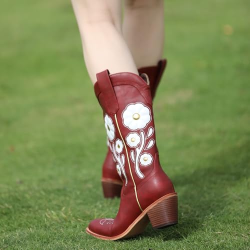 Image of Womens Floral Cowboy Boots,Cute Mid Calf Flower Cowgirl Western Country Boot Pointed Toe Chunky Heel Shoes for Women.