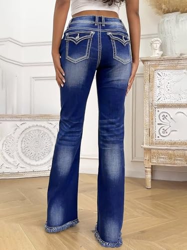 Flamingals Women's Mid Waist Double Button Raw Hem Straight Leg Jeans2