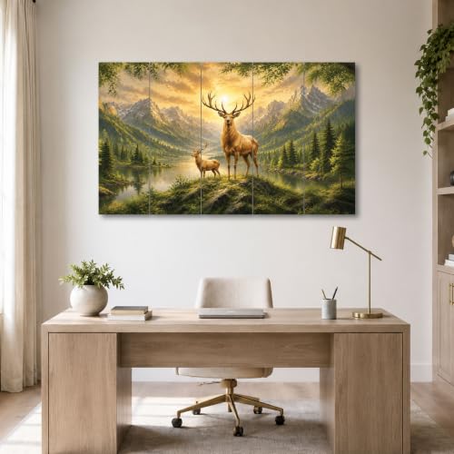Image of The Castle Decor White & Golden Deer Digital Painting - Wooden Framed Wall Art for Living Room, Bedroom & Hotels (Multi Color - Design 6, 36x60 Inch)