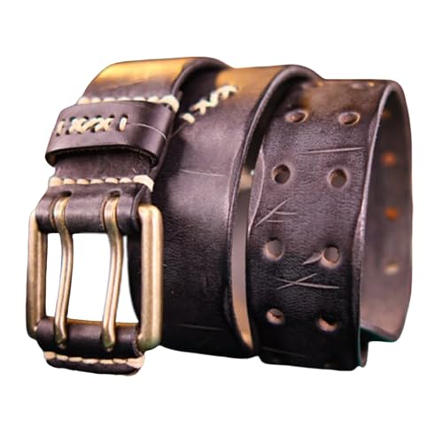 Men's Work Belt - Heavy Duty Genuine Full Grain Leather Vintage Distressed Double Prong Belts,2 Holes Jeans Waist Belt