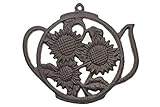 Cast Iron Trivet | Round with Sunflowers And Tea Pot | Decorative Cast Iron Trivet For Kitchen Or Dining Table | 7.7 x 6.7