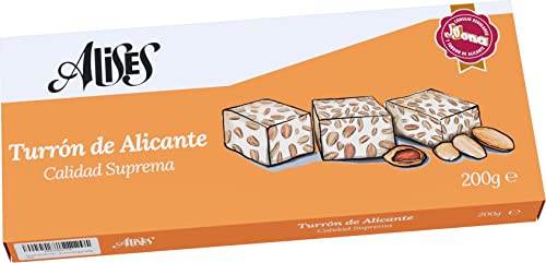 Alises Turrón de Alicante - Almendras y miel, sin gluten, sin lactosa, turrón 200 g (duro)