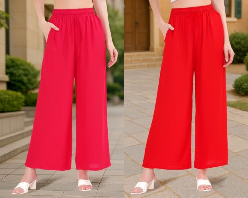 Image of Buy That Trendz Palazzo Pants for Women Cotton Rayon Elasticated Regular Fit Flared Wide Leg M to 6XL Pack of 2
