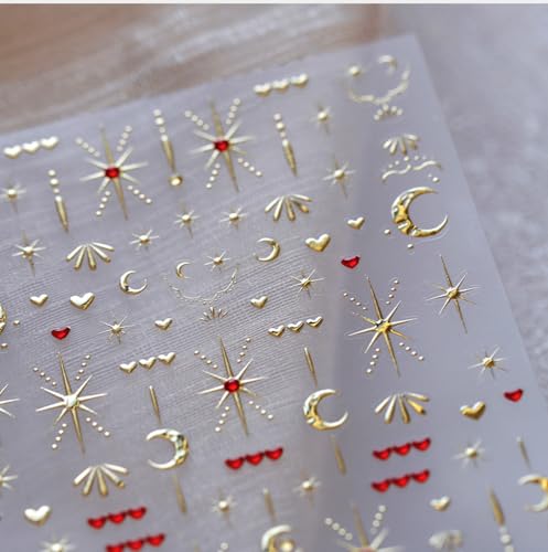 Image of Gold Nail Stickers Star Moon Nail Decals with Red Rhinestone Design Figure Nail Art Stickers 5D Embossed Self Adhesive Heart Nails Decals Charms Supply for Women Girls Manicure DIY Decoration