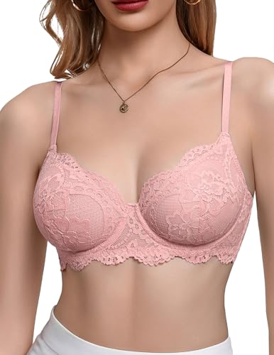 Avidlove Womens Sexy Bra Lace Bralette Mesh Underwire Everyday Bra Unlined Lingerie Light Pink
