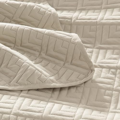 EXQ Home Quilt Set Full/Queen Size Beige 3 Piece,Lightweight Soft Coverlet Modern Style Squares Pattern Bedspread Set for All Season(1 Quilt,2 Pillow Shams)