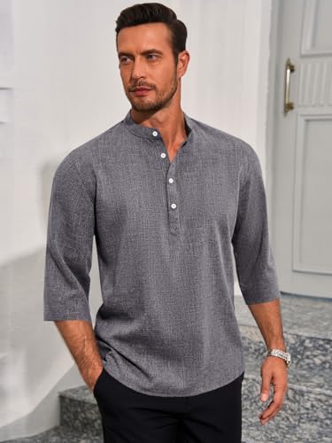Runcati Mens Linen Henley Shirts Casual Lightweight 3/4 Sleeve T-Shirt Summer Beach Yoga Hippie Tops3