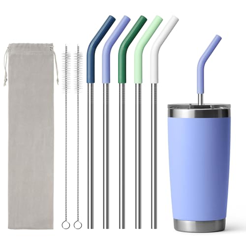 Image of 8.5 inch Metal Straws Reusable for 20 oz Tumbler, 5 Pcs Stainless Steel Drinking Straws for Yeti /RTIC /CIVAGO 20 oz Tumblers, 1 Portable Bag