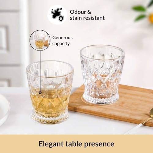 Image of Nestasia Transparent Set of 6 Small Juice Glasses (245 ml Each) - 100% Food Safe & Chip Resistant Embossed Tapering Tumblers - Ideal for Water, Tea, Coffee & Refreshments - Perfect for Gifting