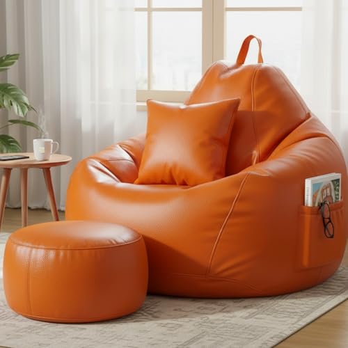 Image of KAM'S LIEU Leatherette Bean Bag Chair with Footrest | Filled with EPS Beans | Comfortable Sofa for Living Room & Bedroom | 4XL Size, Easy to Clean Color- (Orange)