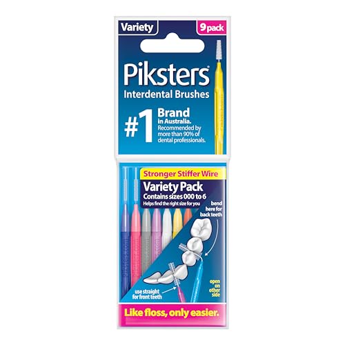 Piksters Interdental Brushes Assortment Pack Size 000-6 9pk Interdental Toothbrush for Extremely Tight Gaps to Large Teeth Gaps Rubber Soft Bristles for Plaque Removal Safe for Braces