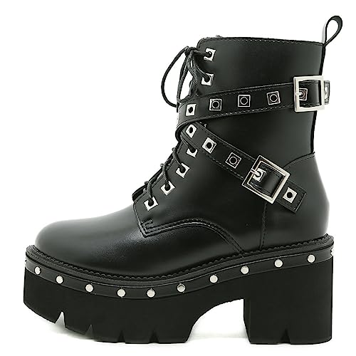 Image of Parisuit Womens Goth Patent Ankle Boots Platform Chunky Combat Boots | Lace Up, Gothic Boots, High Heel, Punk Short Booties, Buckle Boots, Chain Boots