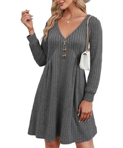 GRMLRPT DamenKleid Langarm V-Ausschnitt Pulloverkleid Elegant Knielang Herbstkleid Casual Kleid Herbst Winter A Linien Bequem Midikleid(Grau,XL)