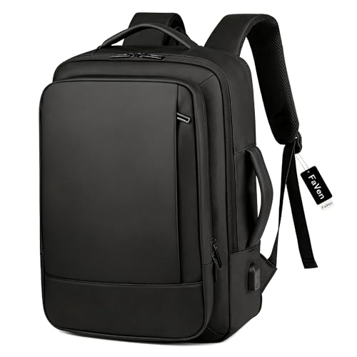 FaVen Laptop Backpack 15.6 Inch Waterproof Laptop Rucksack with USB Charging Port Expandable Travel Backpack with Laptop Compartment Mens Leather Laptop Bag for Work Business Travel Black