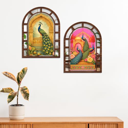 Image of Artvibes Traditional Arch Peacock Theme Decorative Wall Hanging | Jharokha Mirror for Living Room, Bedroom, Hall, Foyer, Dining Room, Office & Entrance | Gift (WHJ 12037N), Set of 2