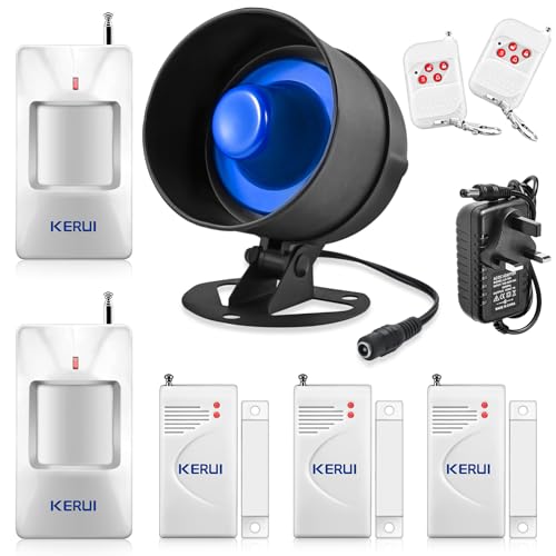 KERUI Wireless Security Burglar Door Alarm System Kit for Garage Shed House Hotel Shop Apartment, Weatherproof Siren Horn with Remote Control Door Contact Sensor,Motion Sensor,Loud Up to 115db