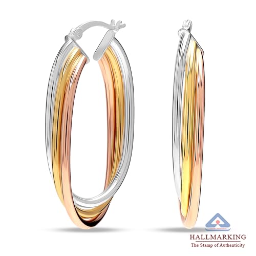 Image of TRUESILVER ACPL 925 Sterling Silver Hoop Earrings for Women | BIS Hallmarked Two-Tone & Three-Tone Intertwined Hoop Earrings | Oval & Round Lightweight Jewelry