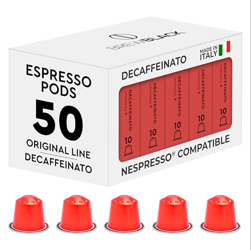BrewBlack Decaffeinato Coffee Capsules - 50 Aluminium Coffee Pods Compatible with Nespresso Original line, Medium Roast - Intensity 7/12, Made in Italy