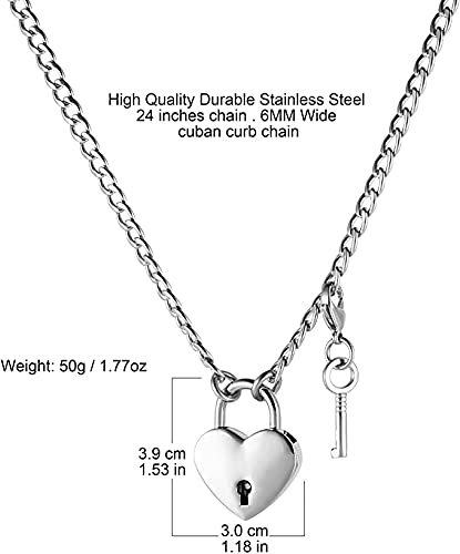 HZMAN Lover Heart Padlock Necklace Padlock Collar Choker for Men Women with Lock and Key 24 Inch4
