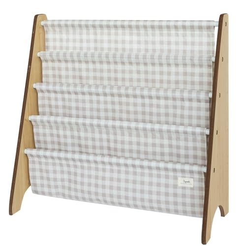 Image of 3 Sprouts Kids Bookshelf with Recycled Fabric - 4-Tier Sling Storage for Kids Rooms Holds 35 Titles - Toddler Organizer for Ages 3+ - Gingham Beige