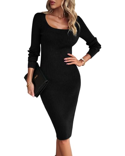 Atxnn Strickkleid Damen Elegant Figurbetontes Kleid U Ausschnitt Herbstkleid Rippstrick Kleid Langarm Kleider Bodycon Pulloverkleid Party Winterkleid