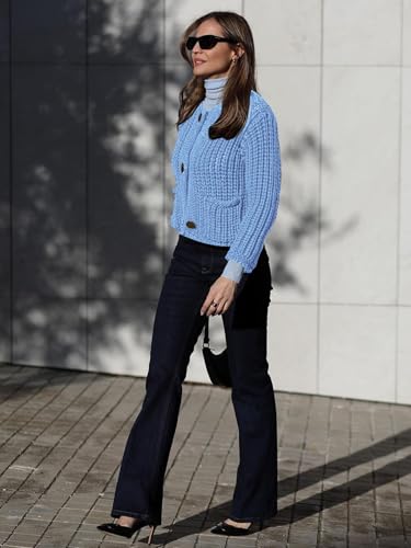 Image of YKR Chunky Knit Cardigan Sweater for Women Long Sleeve Cropped Cardigans Button Down Sweaters with Pockets