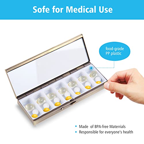 7 Day Pretty Mini Metal Pill Organizer Pill Box With Spring Open Design And Large Compartment To Hold Vitamins Cod Liver Oil Supplements And Medication(Bronze) #TOP2