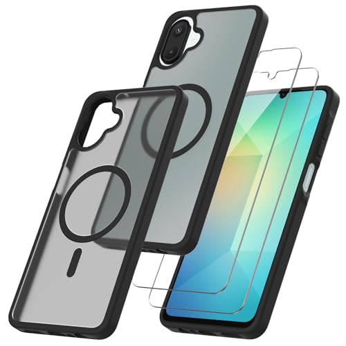 RYKQ Magnetic for Samsung Galaxy A07 Case with Tempered Glass Screen Protector Matte Translucent Shockproof Protective Bumper Phone Cover (Black)